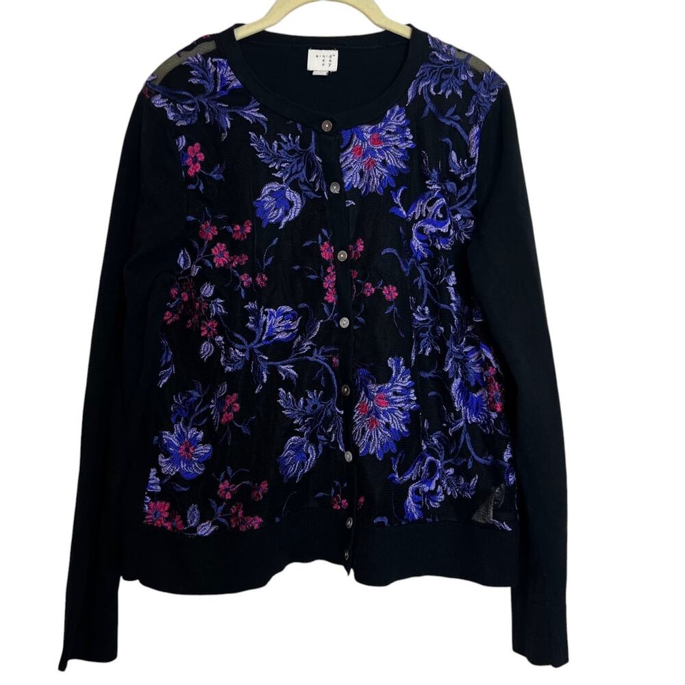 A New Day Womens Cardigan Size Large Black Embroidered Sheer Front Buttons
